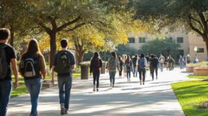 Group of students walking away on a pathway
