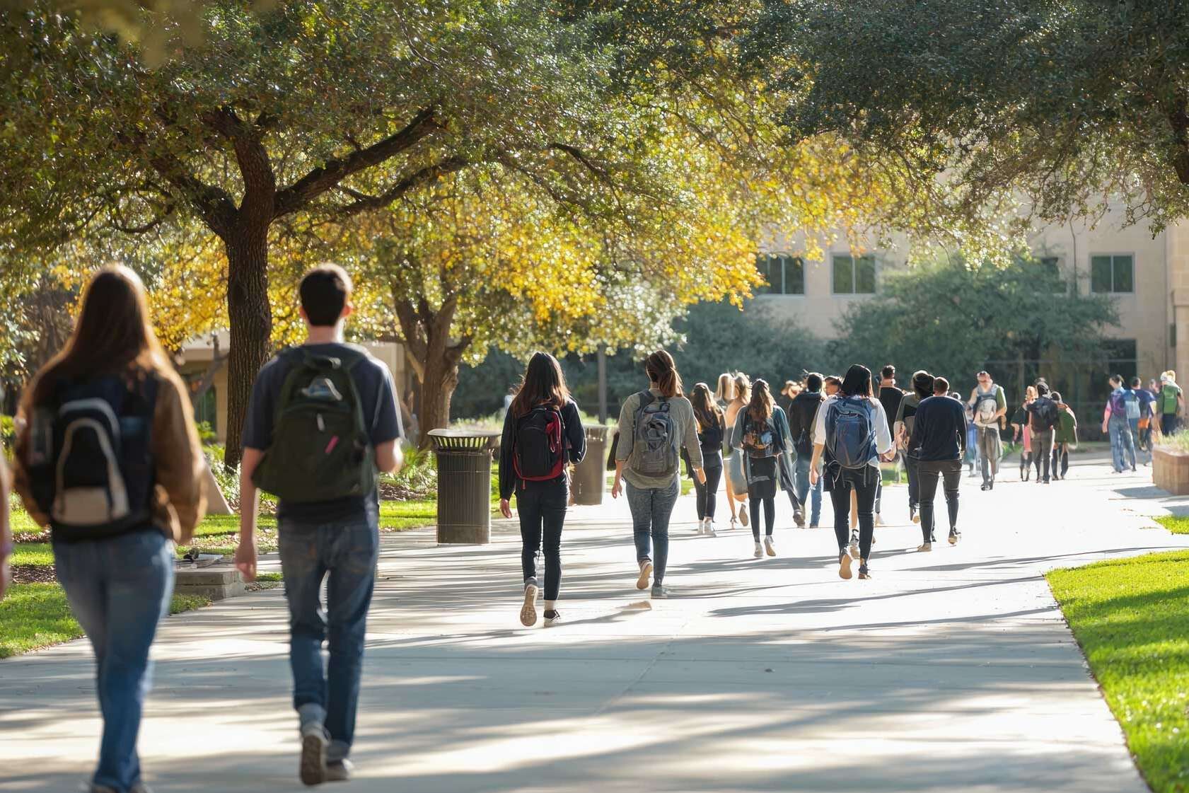 Group of students walking away on a pathway