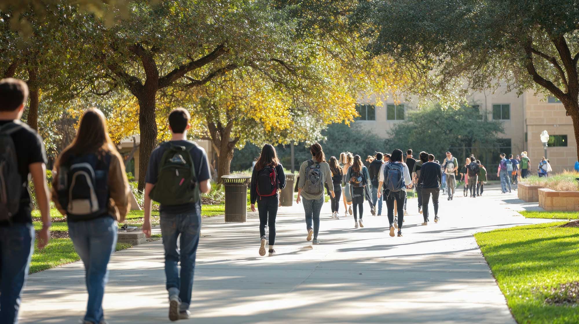 Group of students walking away on a pathway